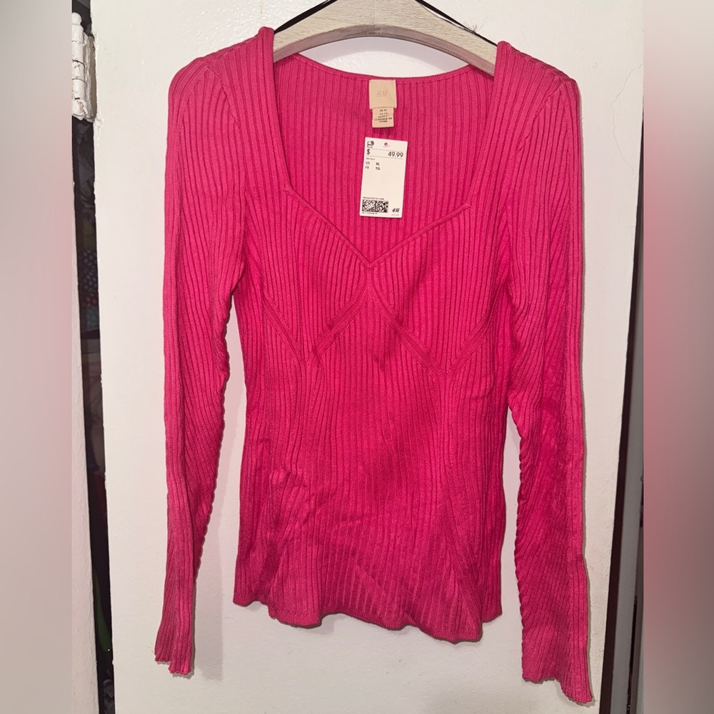 H&M Ribbed Hot Pink Long-Sleeve Knit Top – Size XL (NWT)